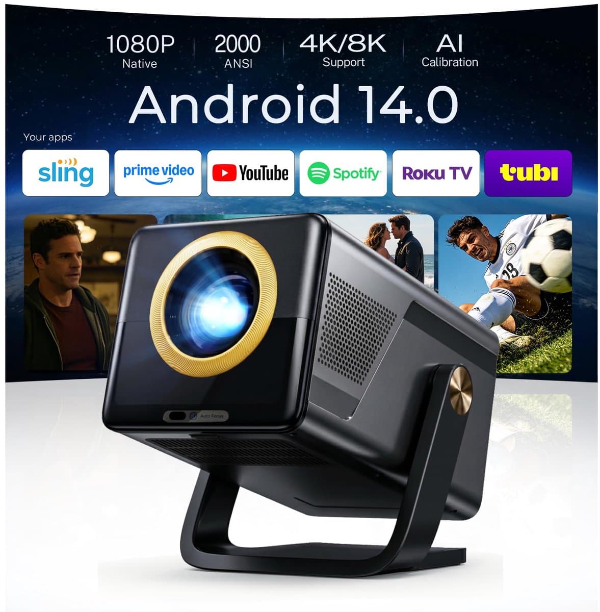 SnelShoppen - 2000 ANSI Native 1080P Smart Projector, 4K Ondersteund, Mini Projector met WiFi & Bluetooth, Auto Focus, Keystone, Ideaal voor Thuisbios — afbeelding 1