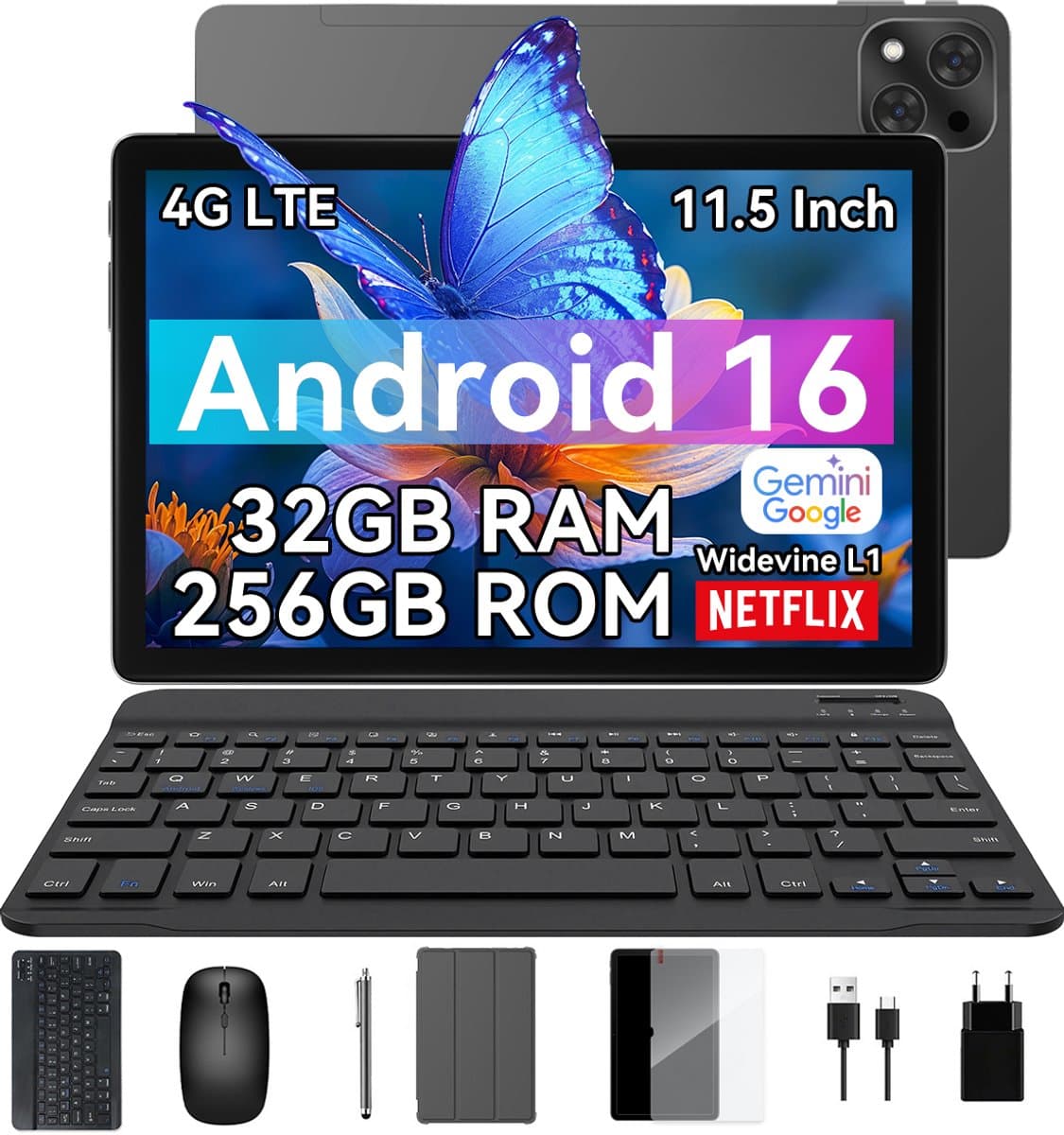 TABWEE T12Pro Tablet - 11.5 inch - 24GB RAM - 256GB ROM - 8000mAh - 4G - Android 16 - Met Toetsenbord - Hoes - Stylus - Muis - Gemini AI - GPS - Grijs — afbeelding 1