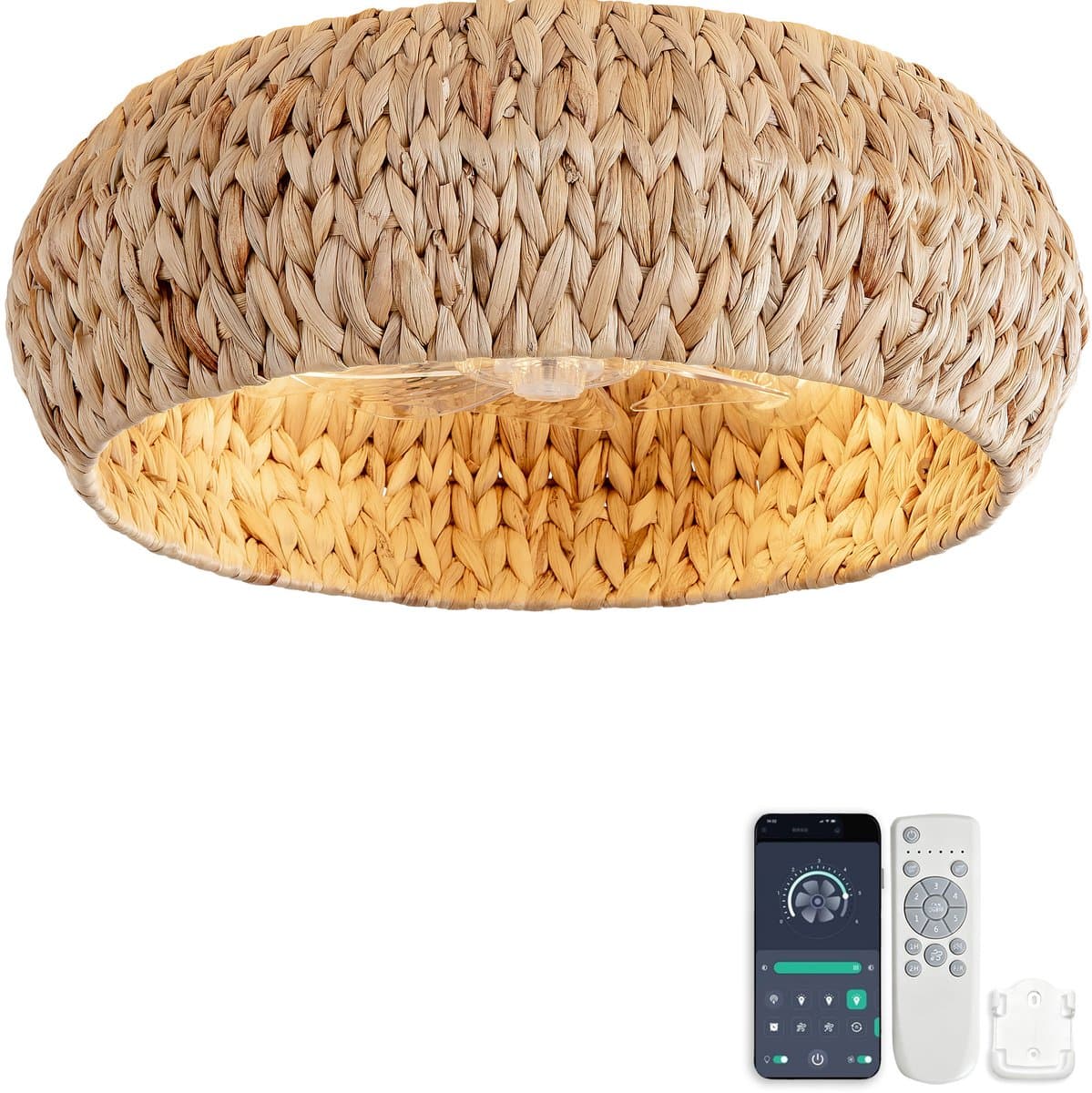 COVREO Plafondlamp met ventilator 50 x 50 x 20 cm koperkleur rattan - app en afstandsbediening - 6 standen — afbeelding 1