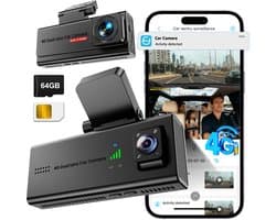 SnelShoppen - 4G Dashcam Auto met Simkaart, 64 GB, Parkeerbewaking, App-Real-Time Weergave, Bewegingsdetectie, Botsingsherkenning, 2-weg Talk