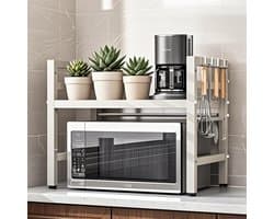 CHIWIN Magnetron Rek Wit Uitschuifbaar 40-64cm - Keuken Magnetronkast met 6 Haken - Opbergrek voor Magnetron Verstelbare Hoogte 32/42cm - Koolstofstaal - 30kg Draagvermogen - voor Magnetrons, Airfryers, Oven