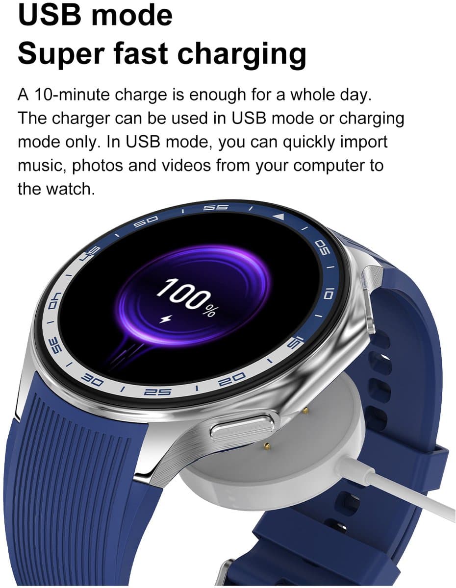 Knobbout 1.43 inch AMOLED-scherm met 3D-ontwerp Smartwatch - Slimme opnamefunctie- 4 GB interne opslag - MP4-video-ondersteuning - Nieuwste ATS3085S Gen 2-chipset - Ingebouwde kompasfunctie - Zilver staal+ bruin lederen + blauwe siliconen horlogeban — afbeelding 1