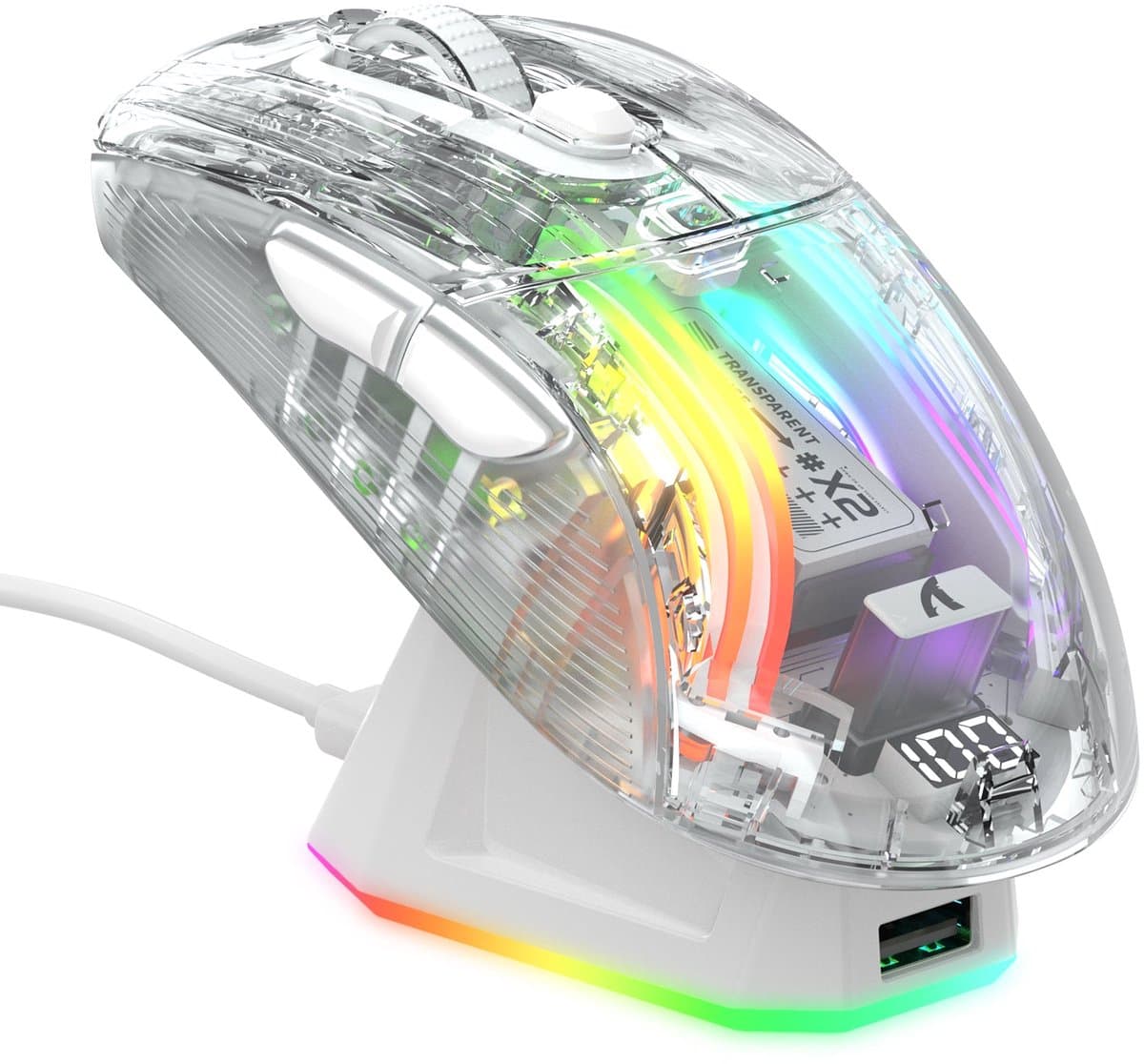ATTACK SHARK X2 Pro - Draadloze Gaming Muis - RGB oplaadstation - Transparantie Effect - Wit — afbeelding 1