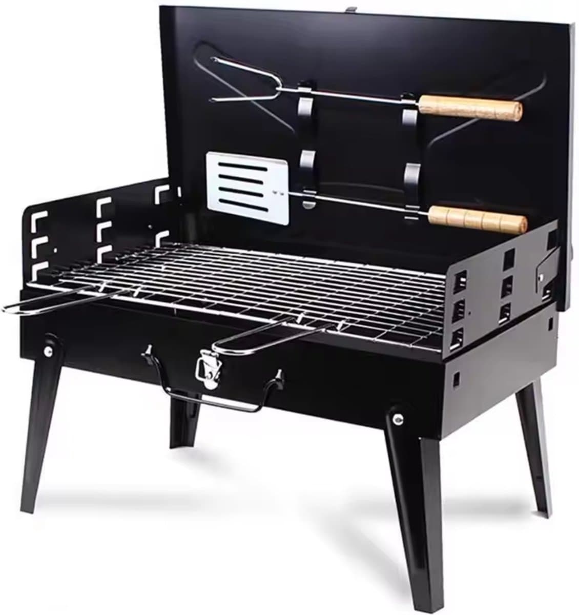 Koffer BBQ | Houtskool Barbecue | Opvouwbare inklapbare meeneem kolen BBQ inclusief gereedschap | Opvouw inklap tafel vakantie camping compact klein onderweg — afbeelding 1