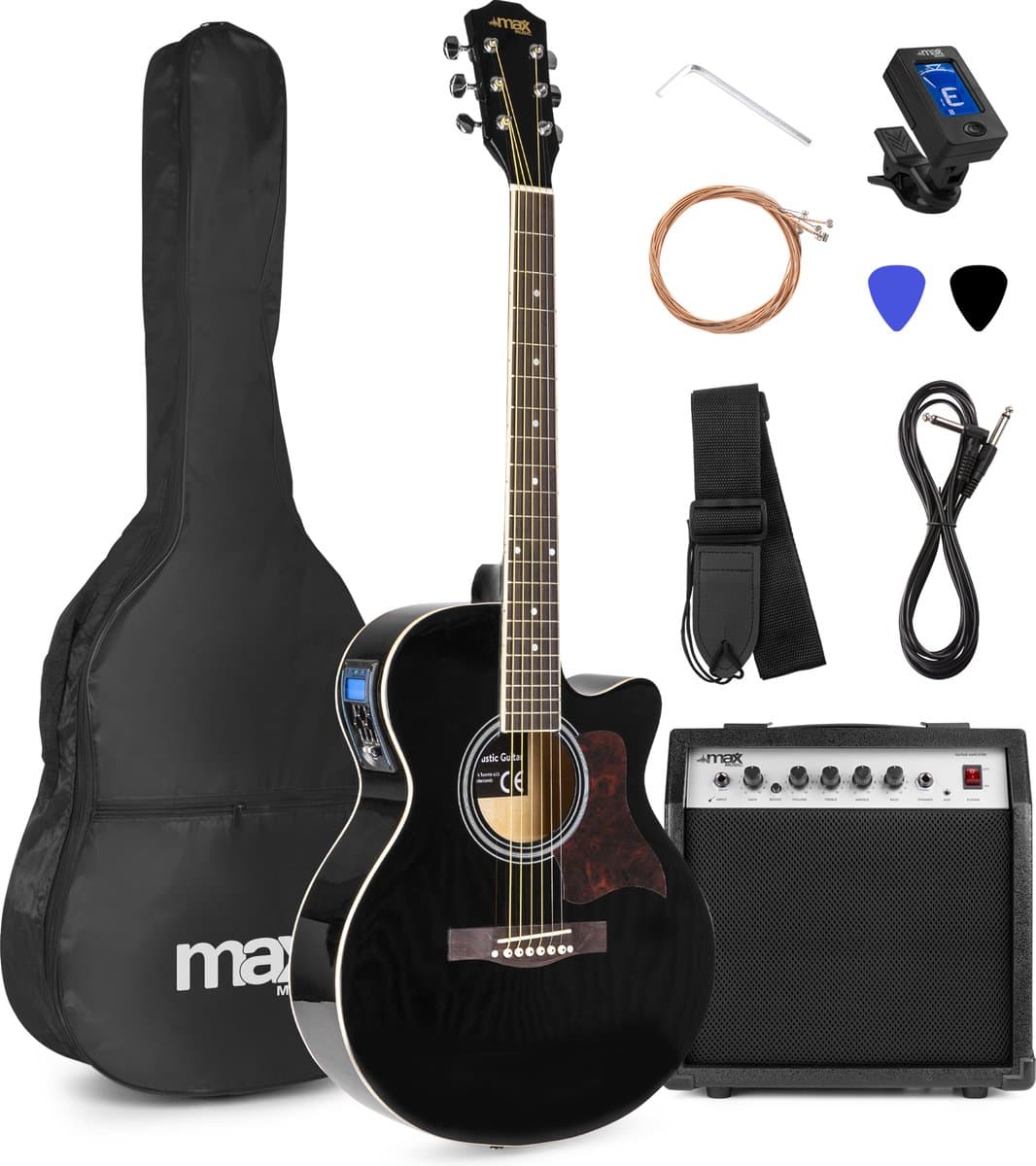 Elektrisch akoestische gitaar - MAX ShowKit gitaarset met 40W gitaar versterker, gitaar stemapparaat, gitaartas en plectrum - Zwart — afbeelding 1