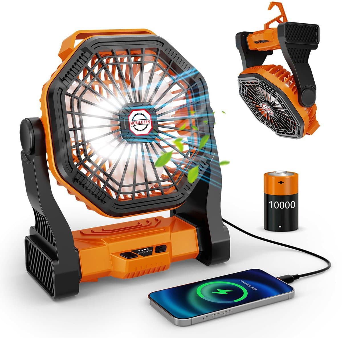 Campingventilator met 20000mAh accu, 4 windsnelheden, stille USB-ventilator met LED-verlichting, 270° draaibaar, oplaadbare tafelventilator, werkt op batterijen, geschikt voor reizen, picknicks en wandelen. — afbeelding 1