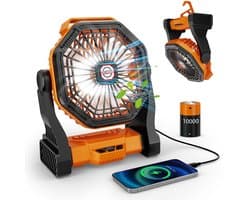 Campingventilator met 20000mAh accu, 4 windsnelheden, stille USB-ventilator met LED-verlichting, 270° draaibaar, oplaadbare tafelventilator, werkt op batterijen, geschikt voor reizen, picknicks en wandelen. — afbeelding 1