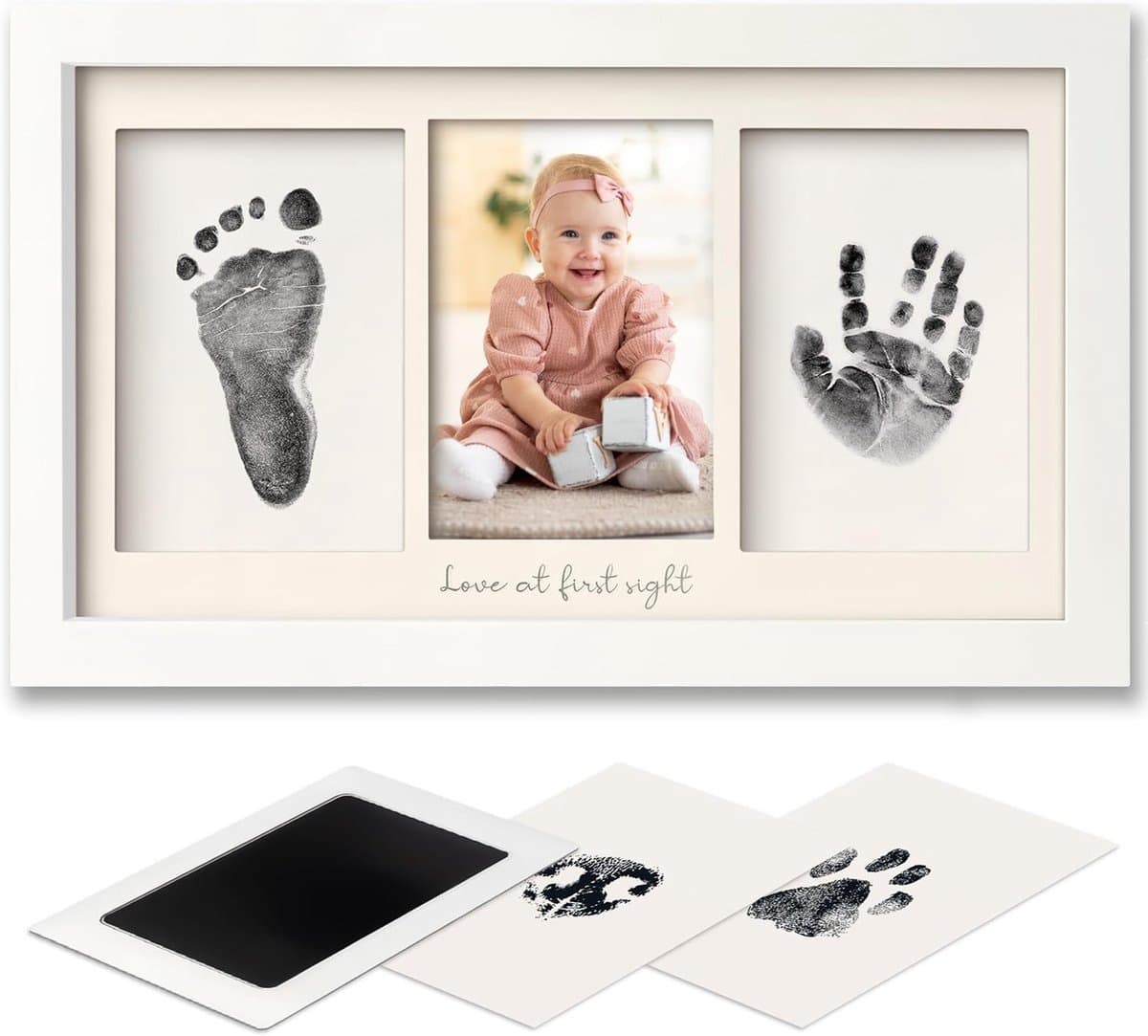 Fotolijst voor poot- en handafdrukken – Inktkussentje voor baby's – DIY-lijst voor hand- en voetafdrukken – Aandenken aan de eerste verjaardag – Herinneringsset voor hand- en voetafdrukken – Inktkussentje en afdruklijst pasgeborenen – 20x32,8x1,8cm — afbeelding 1