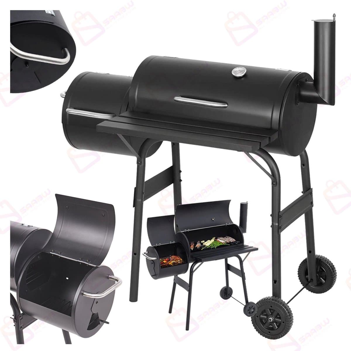 Grote Houtskool Barbecue met Roker – 2-in-1 BBQ & Smoker-grill – Met Deksel, Thermometer, Zijplank & Wielen – Vatmodel –barbecue –bbq houtskool – 51802 — afbeelding 1