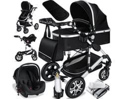 KESSER® Kinderwagen 3 in 1 Loops Wandelwagen Set incl. Autostoel & Reiswieg & Buggy Sportzitje - Massieve Rubberbanden - Luiertas / Regenhoes - Zwart / Zilver