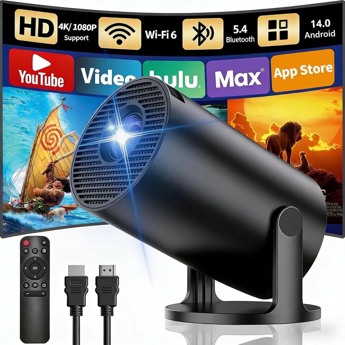 Beamer, Draagbare Projector met Wi-Fi 6 en Bluetooth 5.4, Automatische Keystone, Draadloos Schermspiegelen(Android en iOS), Compatibel met Smartphones/HDMI, Zwart — afbeelding 1
