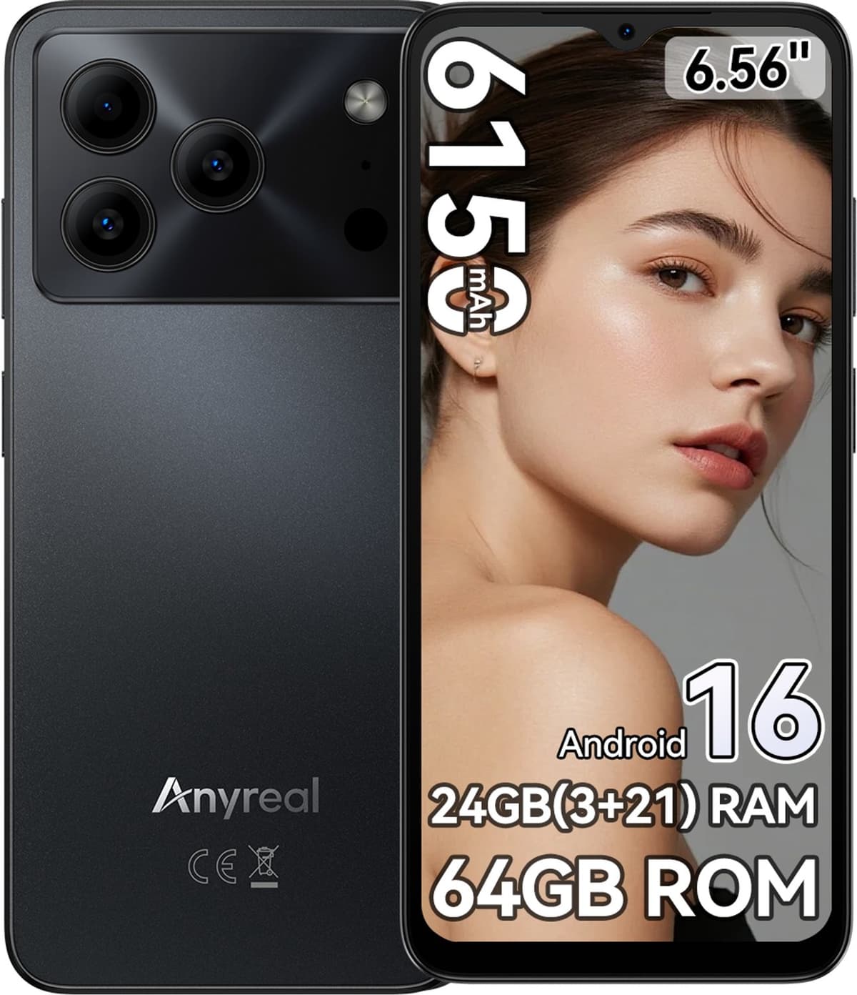 Anyreal Note 56 Smartphone - 6,56 Inch - 24GB(3+21) RAM - 64GB ROM - 6150 mAh - Android 16 - Zwart — afbeelding 1