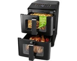 Verticale heteluchtfriteuse met kijkvenster, 10 liter, airfryer met 9,8 inch multi-color led-touchdisplay en 11 programma's, heteluchtfriteuse, 2 kamers met bovenwarmte