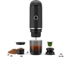 Oplaadbare 12V elektrische draagbare espressomachine met verwarmingsfunctie met één druk op de knop, automatische koffiezetapparaat geschikt voor Nespresso-capsules en gemalen koffie, geschikt voor kamperen, reizen en thuisgebruik (zwart)