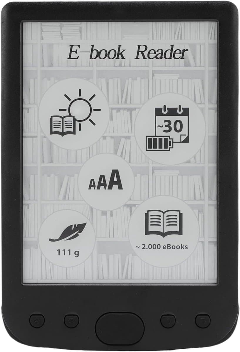 De BK6025 EPAPER e-reader is een draagbare e-reader met een 6-inch e-ink-scherm, instelbare lettergrootte, audioboekfunctionaliteit en oogvriendelijke leesmogelijkheden (8 GB). — afbeelding 1
