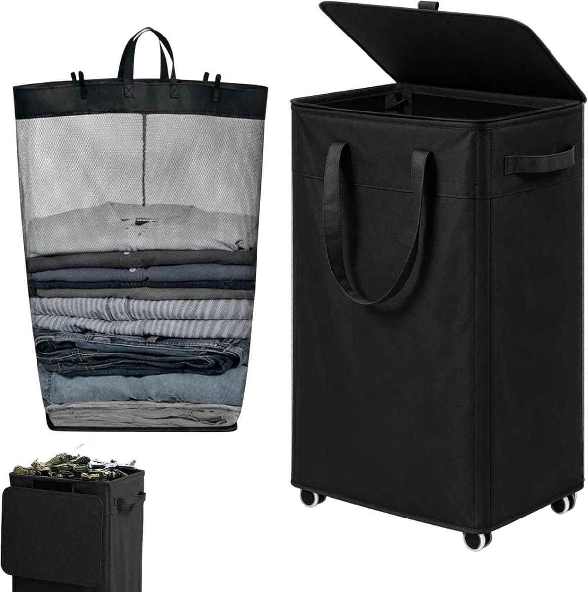 Rolbare Wasmand - Opbergmand Wielen - Was Sorteren - Uitneembare Waszak - 75 Liter - Zwart — afbeelding 1