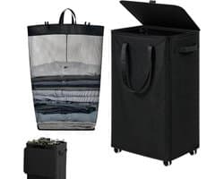 Rolbare Wasmand - Opbergmand Wielen - Was Sorteren - Uitneembare Waszak - 75 Liter - Zwart