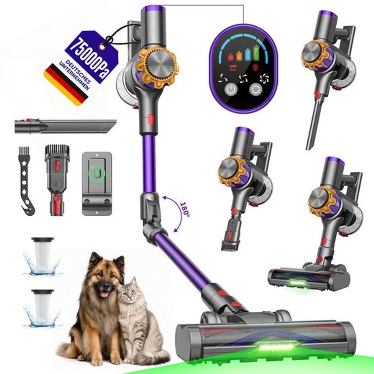 FOSMET Draadloze Hand & Steelstofzuiger - 75000Pa / 600W / 70 Min - Accustofzuiger Zonder Zak - Zelfstandig Staand - Flexibel Buiggewricht - 1,2L Reservoir - Anti-Tangle - Groene LED - Voor Harde Vloeren, Tapijt, Dierenharen & Auto — afbeelding 1