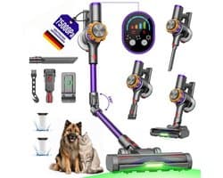 FOSMET Draadloze Hand & Steelstofzuiger - 75000Pa / 600W / 70 Min - Accustofzuiger Zonder Zak - Zelfstandig Staand - Flexibel Buiggewricht - 1,2L Reservoir - Anti-Tangle - Groene LED - Voor Harde Vloeren, Tapijt, Dierenharen & Auto