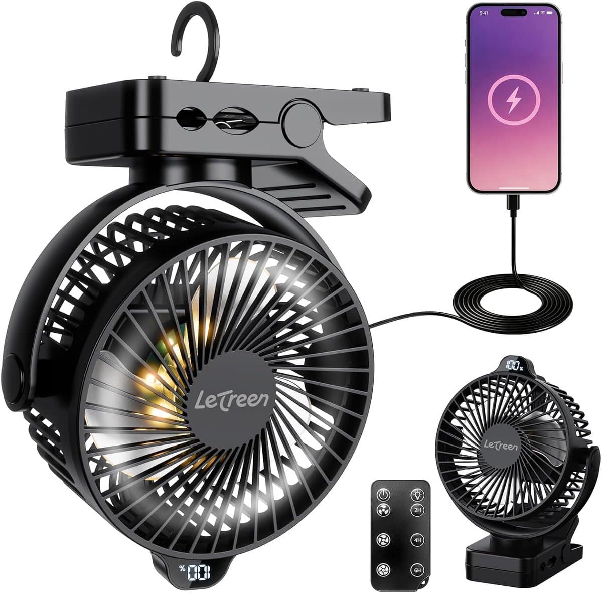 Klemventilator 15000mAh – Stille Tafelventilator 35 dB – 3 Snelheden – LED-Licht – Afstandsbediening — afbeelding 1
