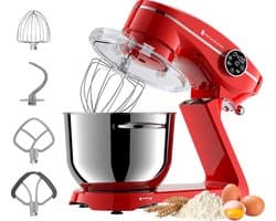 KitchenBrothers Keukenrobot - Keukenmachine - Touch Display en Timer - BPA-vrij - 6,2L - 1800W - Keukenmixer - Aluminium - Rood