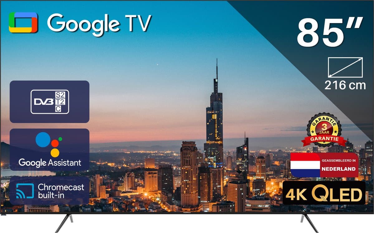 Google Smart TV | TeeView 85 inch QLED | 4K Ultra HD | 3xHDMI 2x USB | Ci+ | Triple Tuner DVB-T/T2/S/S2/C | Frameless Design | in Eindhoven geassembleerd | TV85QQG-EU — afbeelding 1