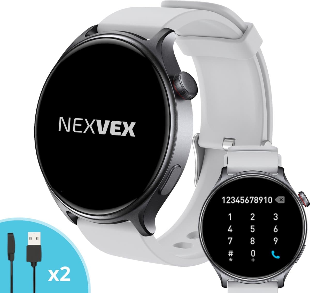 Nexvex® Ultra 2X Smartwatch voor Dames en Heren - Sporthorloge met Belfunctie - Bloeddrukmeter - Stappenteller - Sport Horloge met Hartslagmeter - Smart Watch Saturatiemeter - Bluetooth Activity Tracker - Android/iOS - 1.46 Inch - Wit Horlogebandje — afbeelding 1