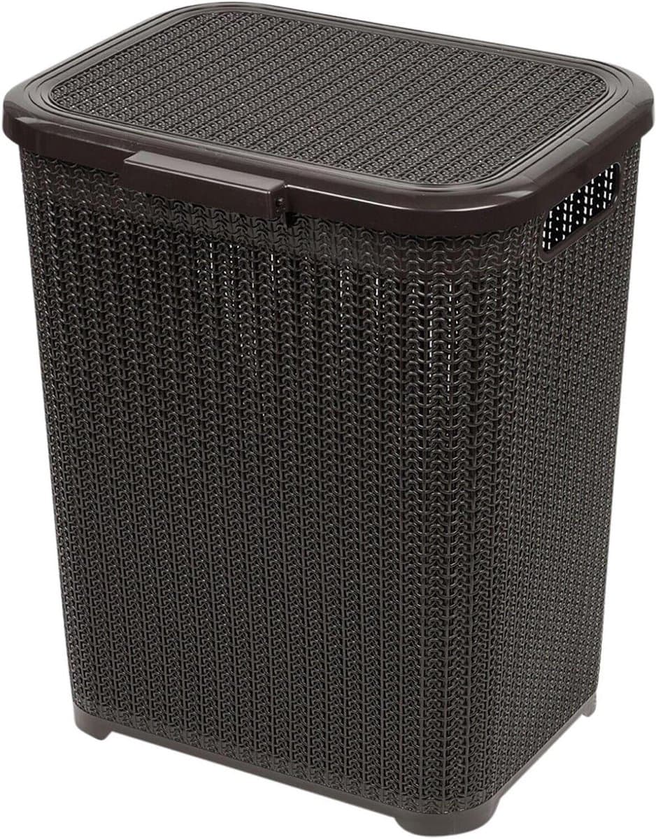 Wasmand met deksel - Vuilnisbak kleding - Kleding opbergen - Rotan geweven patroon - 45 Liter - Zwart — afbeelding 1