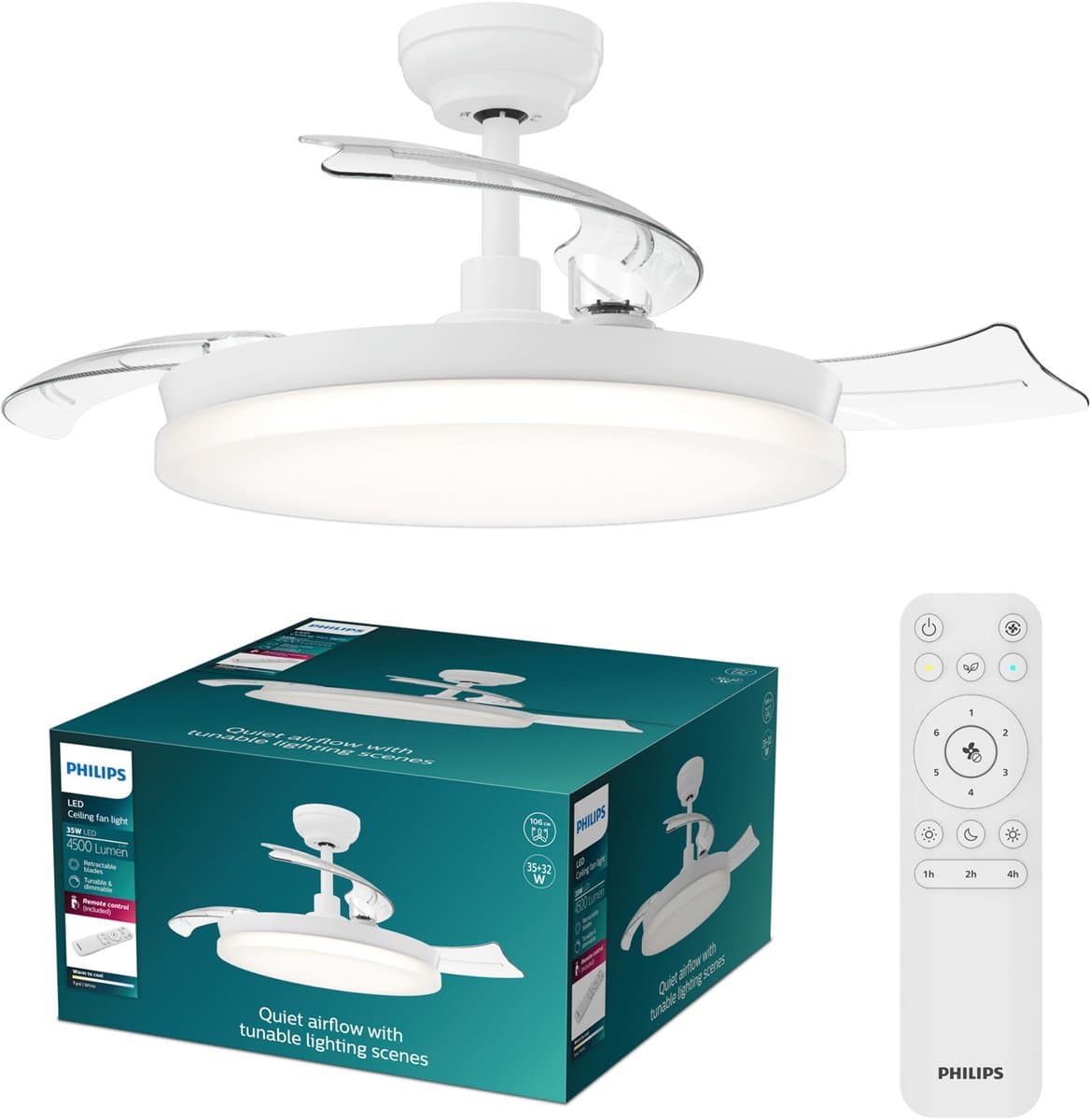 Philips Tynl Plafondventilator met LED-lamp - 3 Intrekbare bladen - Diameter: 106cm - Drie tinten wit licht (2700K / 4000K / 5500K) - Dimbaar tot 10% - Afstandsbediening - Wit - 4500 Lumen — afbeelding 1