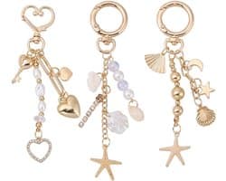 3 Stks Gouden Strandtas Sleutelhanger Leuke Zeester Parel Zeeschelp Portemonnee Charms Parel Kralen Sleutelhanger Charms voor Rugzakken Portefeuilles Lunch Dozen Zomer Reizen Geschenken voor