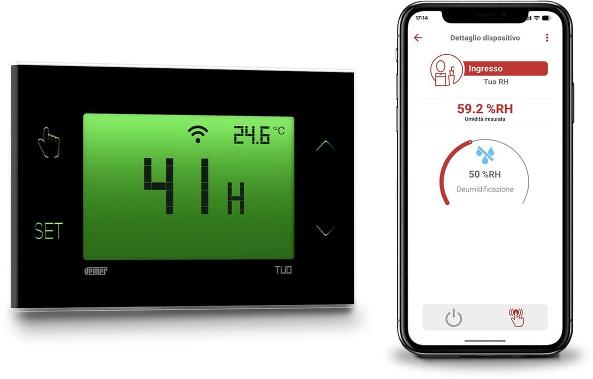 VE797800 TUO RH WI-FI Luchtbevochtiger WiFi Touch Screen voor wandmontage, digitale hygrostaat met app, snelle configuratie via Bluetooth, stroomvoorziening 230 V, zwart — afbeelding 1