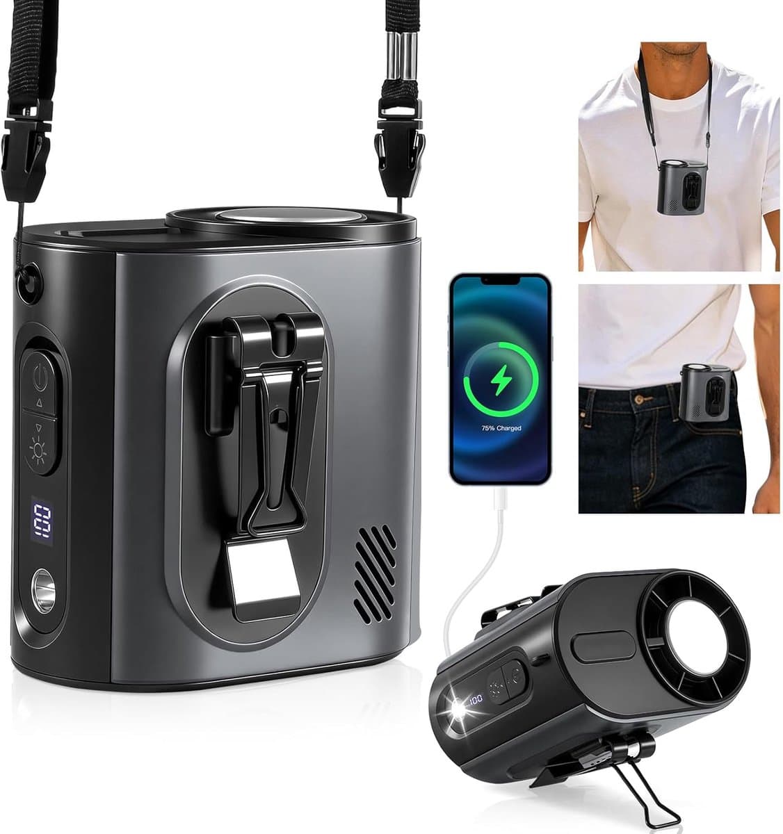 6000mAh oplaadbare handsfree draagbare lichaamsverkoeler, heup- en riemventilator met ijskoelfunctie, nekventilator met nekkoord en LED-verlichting voor buitenactiviteiten — afbeelding 1