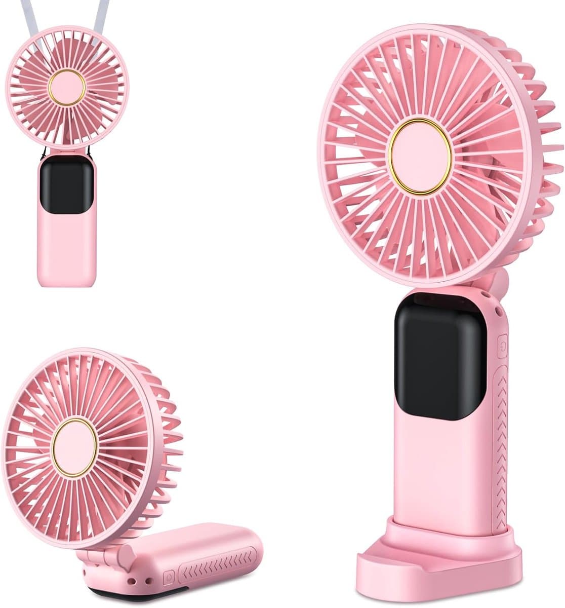 Mini draagbare ventilator, USB oplaadbare ventilator, kleine zakventilator met 5 snelheden en voet, stille opvouwbare handventilator voor kantoor en buitengebruik (roze) — afbeelding 1