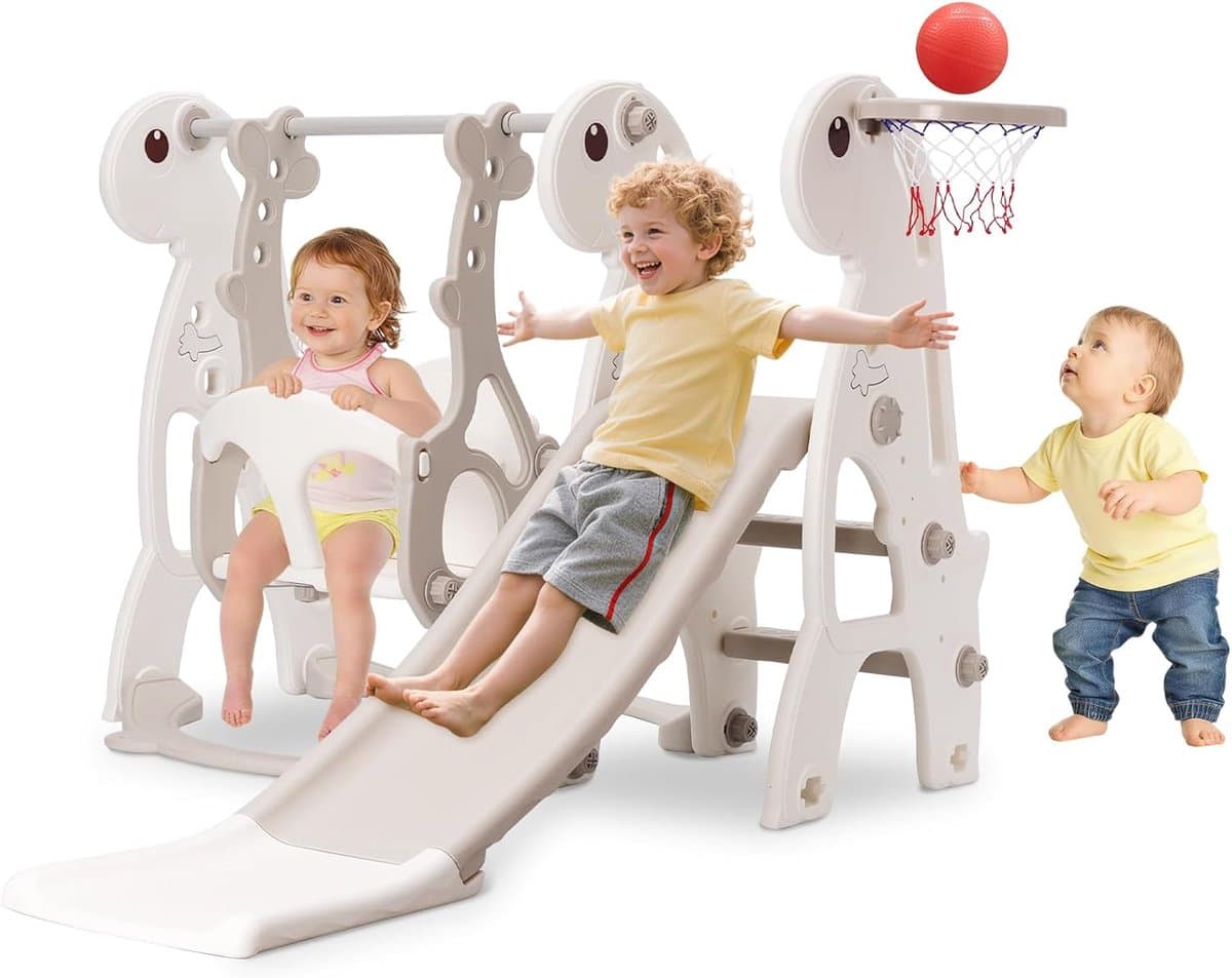 indoor babyglijbaan klim vrijstaande speelset met basketbalring & in hoogte verstelbare schommel (grijs) — afbeelding 1