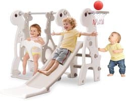indoor babyglijbaan klim vrijstaande speelset met basketbalring & in hoogte verstelbare schommel (grijs)