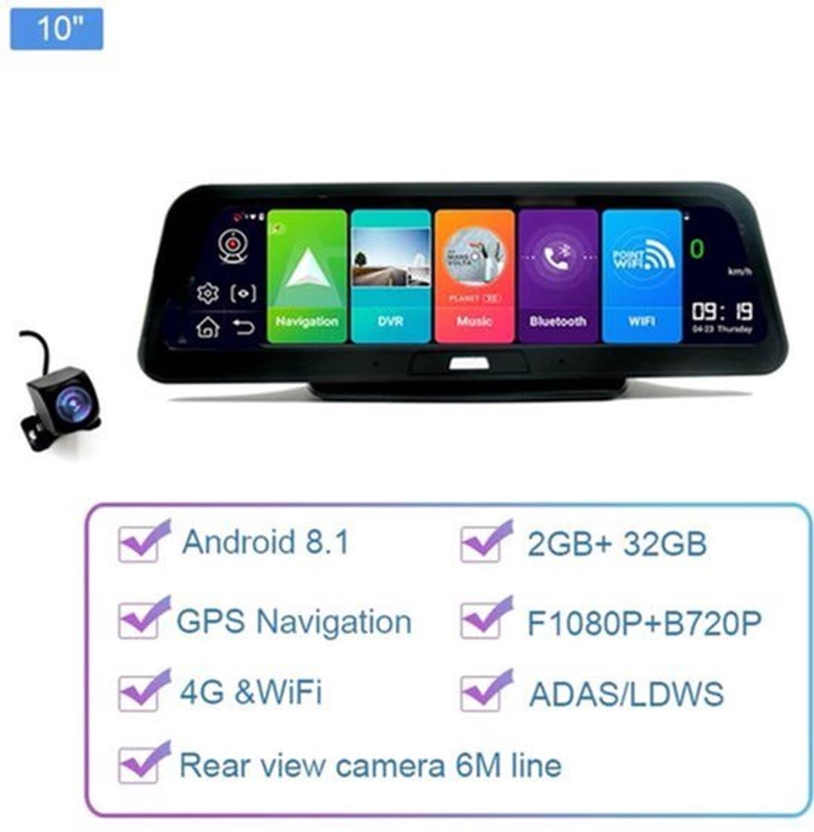 Dashcam voor Auto - 10" 4G Android 8.1 Dashcam - GPS Navigatie, Dual 1080P Camera - ADAS Rijhulp - Parkeermodus - Achteruitrijcamera - WiFi - Bluetooth - G-Sensor - Loop Recording - Zwart — afbeelding 1