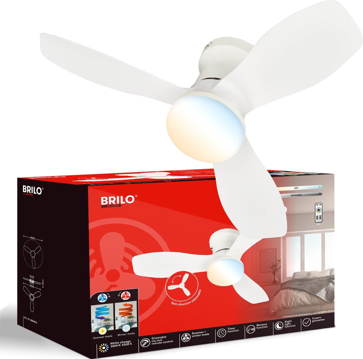 BRILONER Lufito - Plafondventilator met verlichting - LED plafondlamp met ventilator - ventilator lamp zomer- en wintermodus - dimbaar - CCT - Ø60 - wit — afbeelding 1