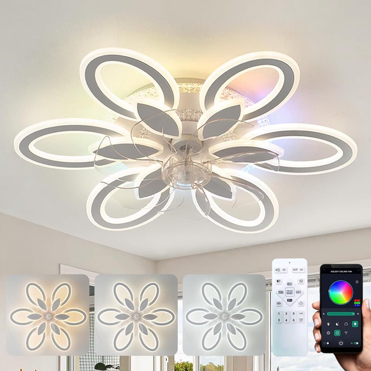 Ceiling Fan with Light Living Room RGB Dimmable Silent Ceiling Fan with Lights Modern Crystal Reversible 6 Speeds Bedroom White Lamp Fan Ceiling and Remote Control Timer — afbeelding 1
