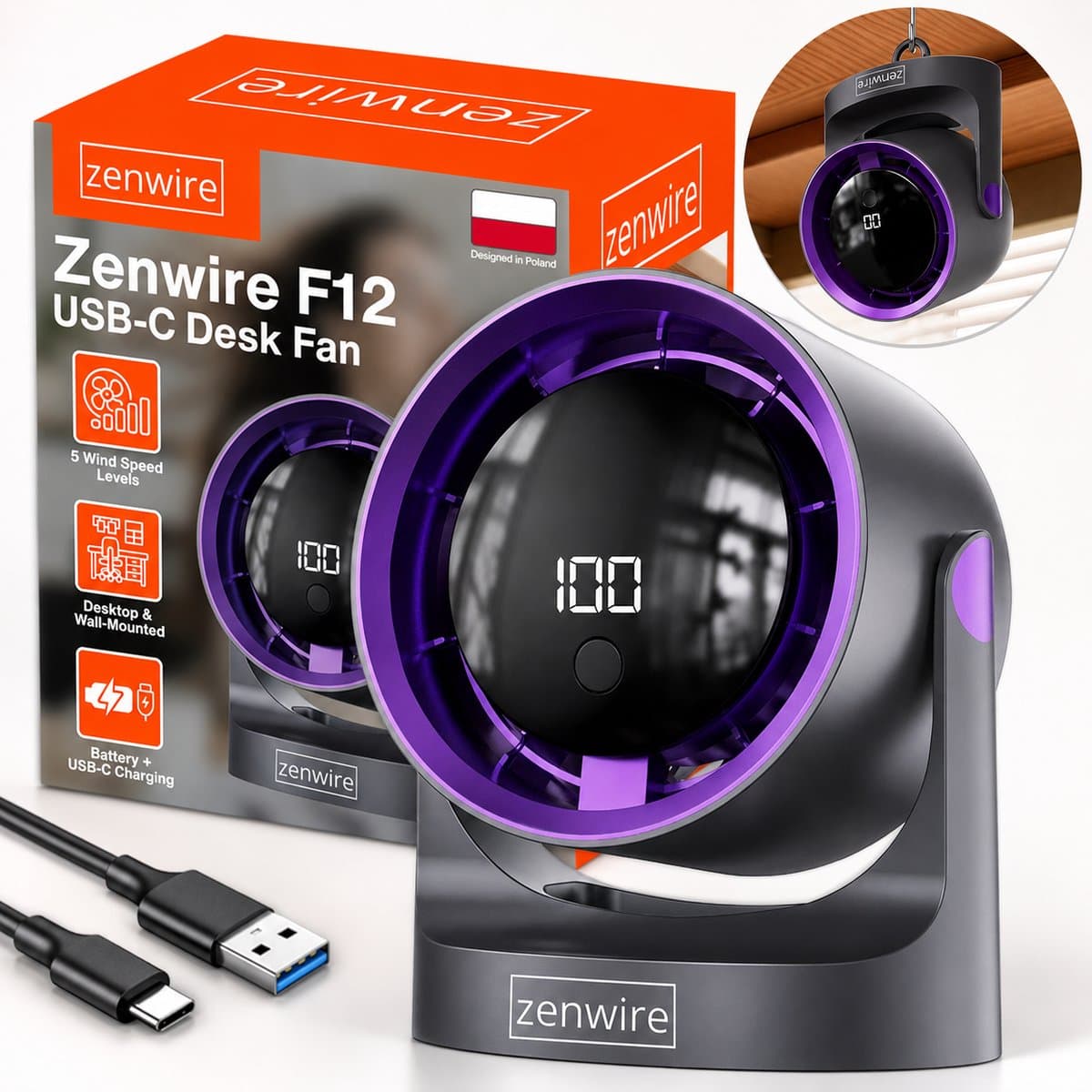 Zenwire F12 - Mini Draagbare Ventilator - Voor Kantoor - Voor Kamer - Krachtig - Instelbare Luchtstroom - Tafelventilator - Kleine Ventilator - Draaibaar - Opladen Via USB - USB-C - Stil - Bureauventilator - Zwart — afbeelding 1