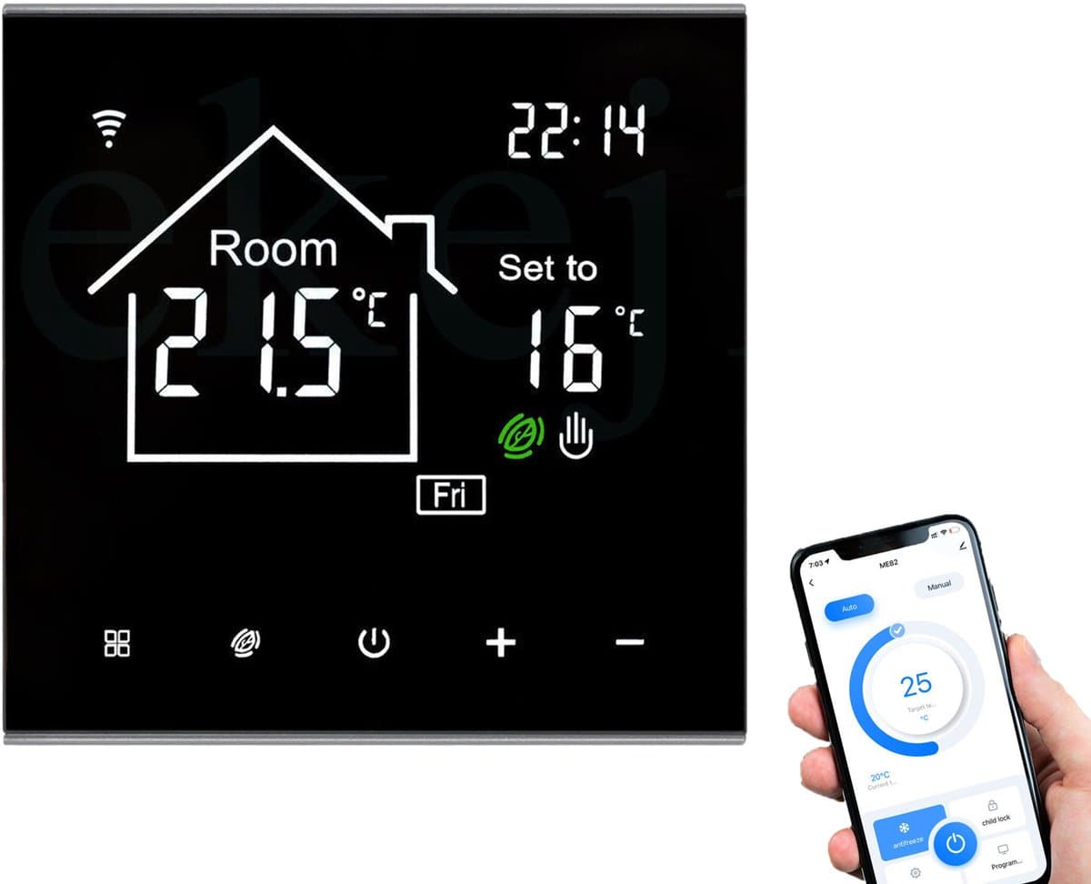 Wi-Fi slimme thermostaat – Watergedragen vloerverwarmingsregelaar – Bediening op afstand via mobiele telefoon – Energiebesparende functie met één druk op de knop – LCD-touchscreen – Witte achtergrondverlichting – 16A — afbeelding 1