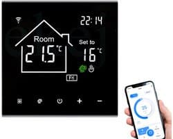 Wi-Fi slimme thermostaat – Watergedragen vloerverwarmingsregelaar – Bediening op afstand via mobiele telefoon – Energiebesparende functie met één druk op de knop – LCD-touchscreen – Witte achtergrondverlichting – 16A