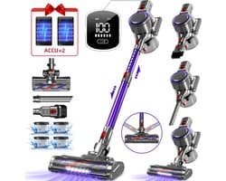 Hiazurm Steelstofzuiger Draadloos - 55000 Pa - LED-display - 55 min Gebruikstijd - 2 accu's - 1,8L - 8-in-1 - 4 HEPA-filters - voor tapijt & harde vloeren - Paars