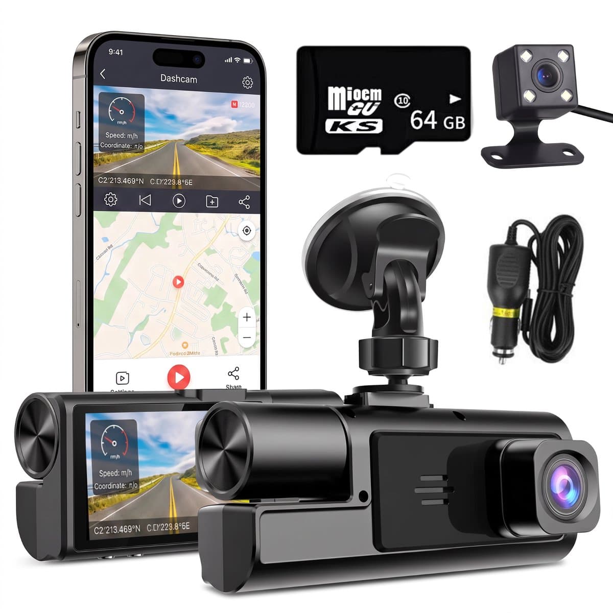 Fokelyi Dashcam Voor Auto - 1080P Drie Camera's Met Zuignap -Driving Recorder - 170° Groothoek En F2.0 Nachtzicht - Parkeerbewaking En Loopopname - HD Dashcams Voor Achter — afbeelding 1