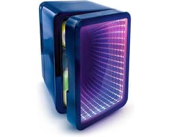 Mini Koelkast 4 Liter met Infinity LED Effect – Compacte USB Koelkast voor Gamers, Studenten en Kantoor – Spiegeldeur met Verlichting – Voor 6 Blikjes, Snacks en Cosmetica