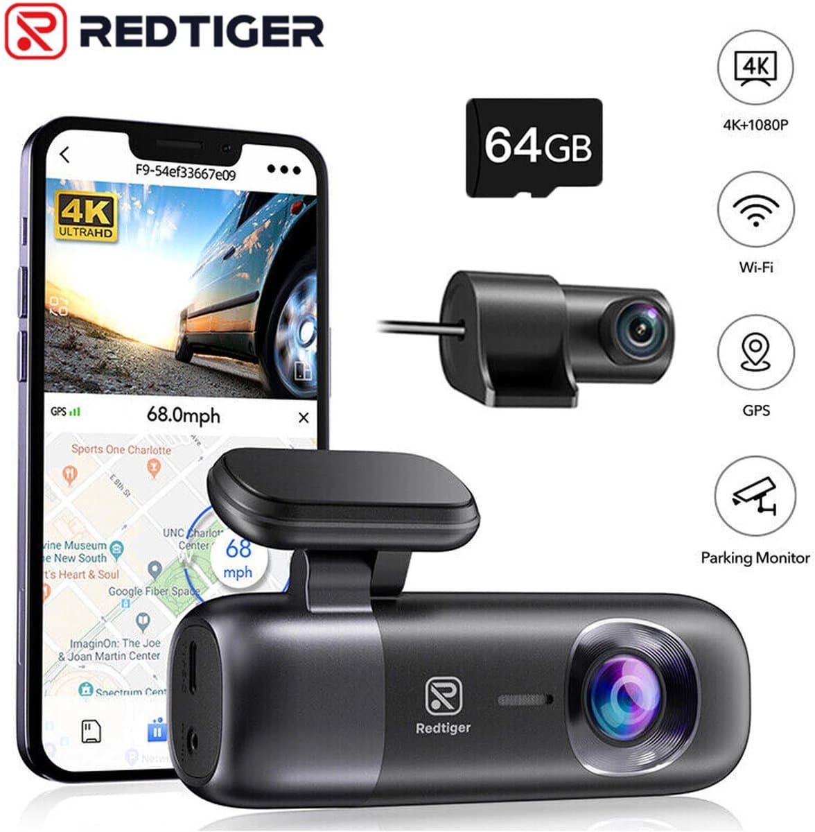 Dashcam 4K + 1080P – Voor- en Achtercamera – WiFi & GPS – Nachtzicht – App-bediening – Inclusief 32GB Kaart — afbeelding 1