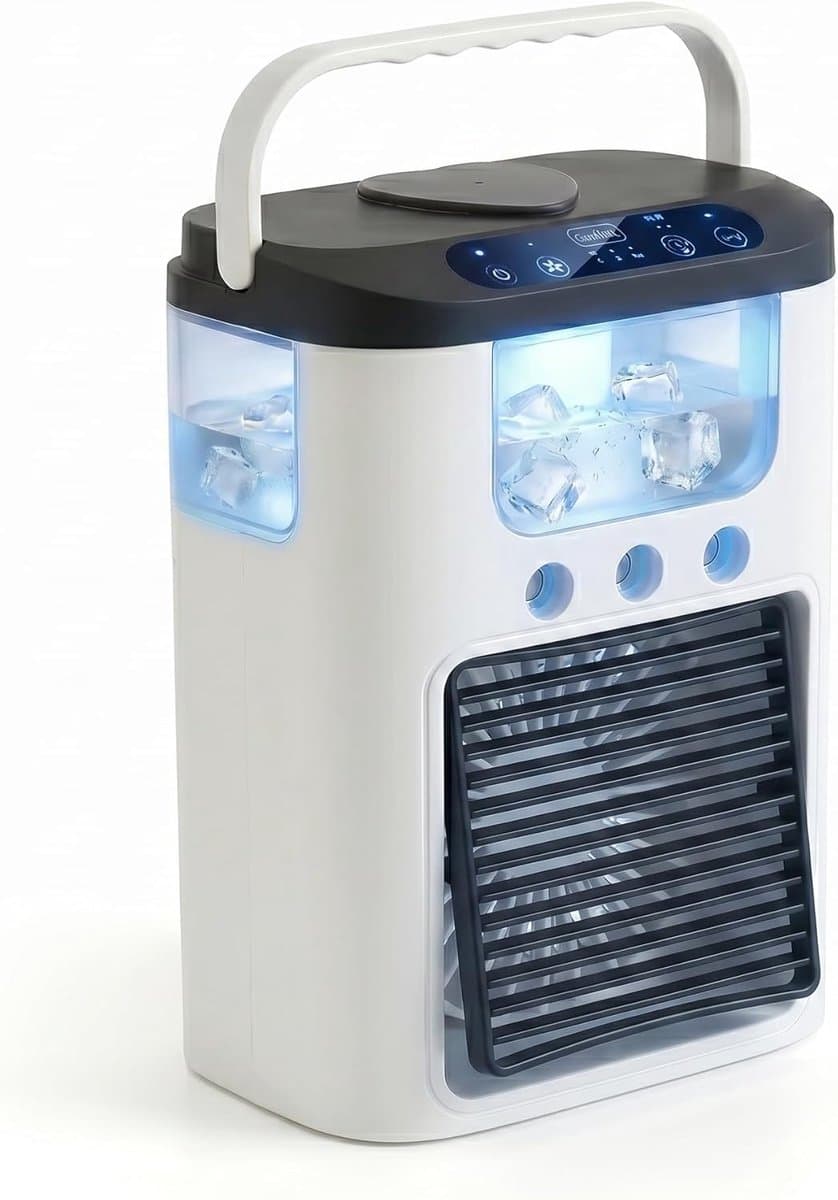 Draagbare airconditioner met ventilator, 3 ventilatorsnelheden en 3 nevelstanden, persoonlijke luchtkoeler, waterreservoir van 600 ml, tafelventilator met RGB-verlichting, oplaadbare mini-airconditioner. — afbeelding 1