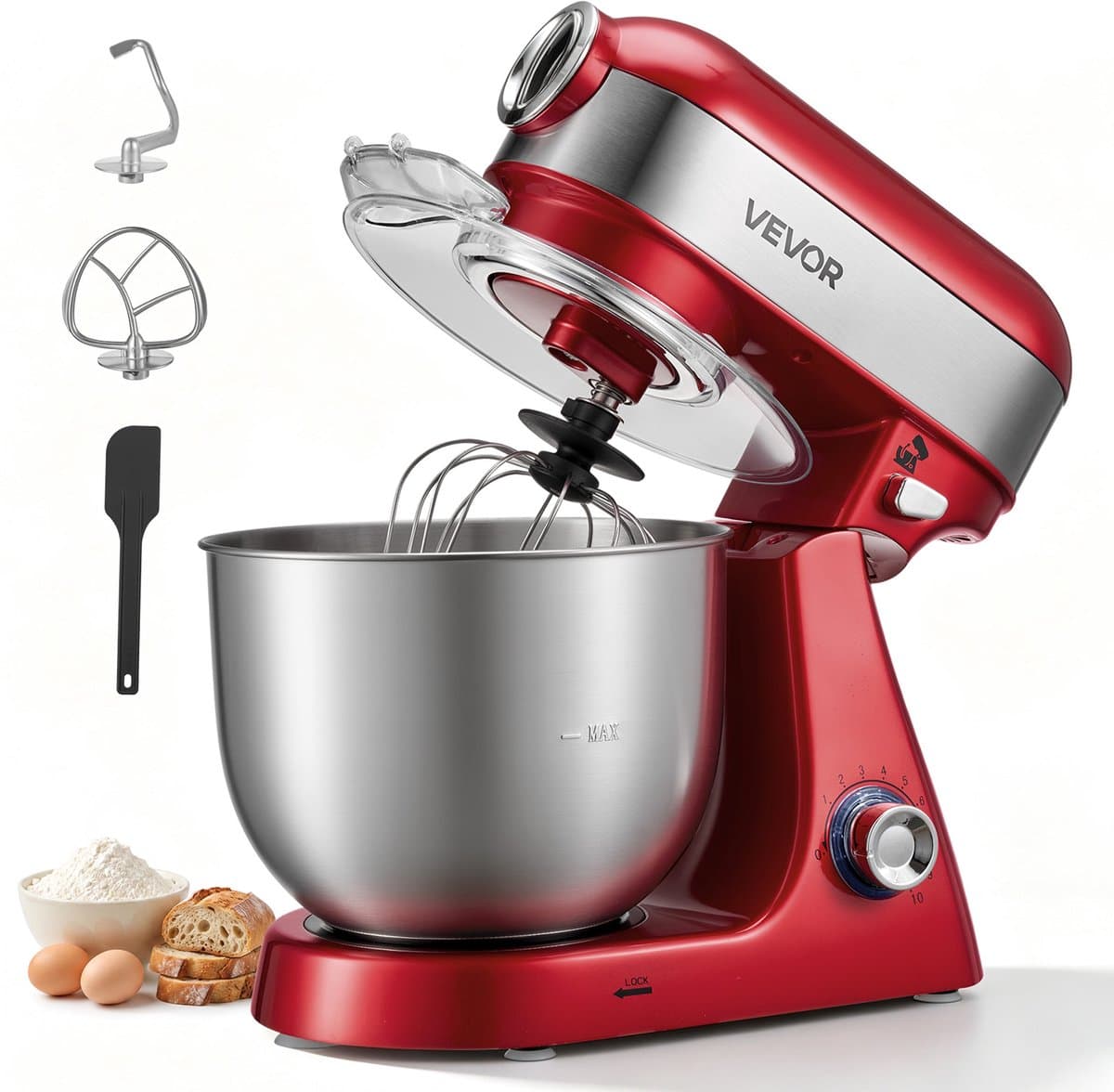 VEVOR Elektrische Staande Mixer 5L 1000W Deegmachine voor Koekjesdeeg en Crème, Deegkneedmachine met 10 Snelheidsinstellingen, SUS304 Mengkom, Kantelbare Kop, Spatbescherming en Antislipvoetjes, Rood — afbeelding 1