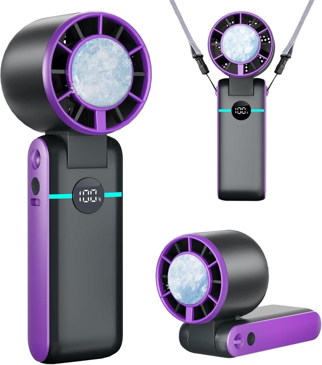 Draagbare handheld turboventilator met ijskoeler - 5000 mAh 13 uur batterijduur, oplaadbare persoonlijke ventilator met 5 snelheden, opvouwbaar, LED-display voor reizen, buiten, kantoor — afbeelding 1