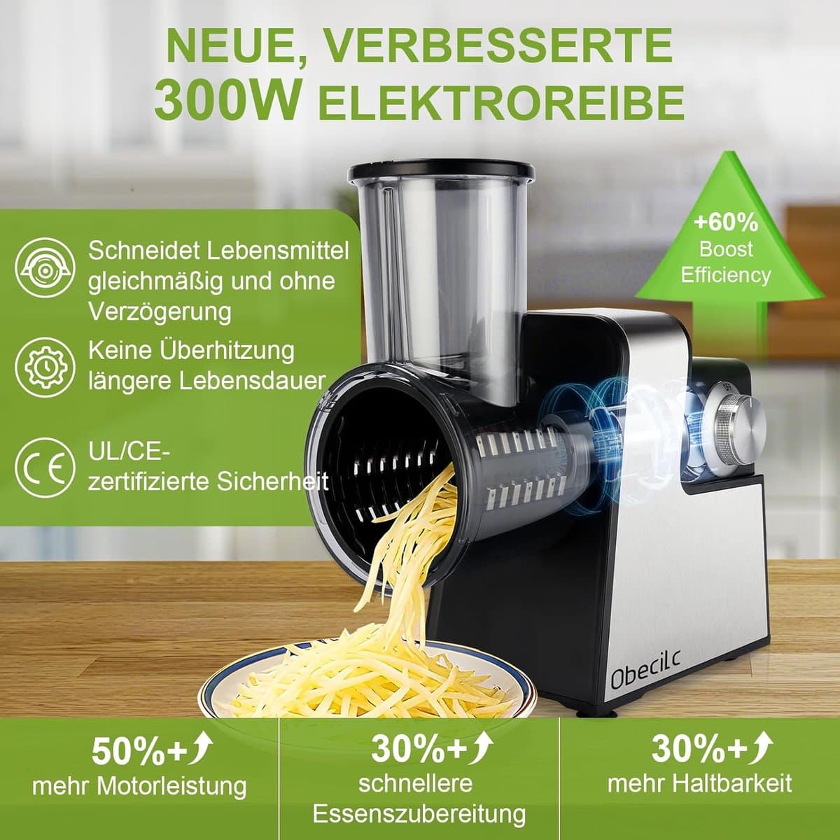 Elektrische Kaasrasp - Keukenapparaat - Snel Ingrediënten Snijden - 7 RVS Bladen - 30cm Hoog - Zwart — afbeelding 1