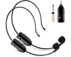 Draadloos microfoonsysteem voor 2 personen – dubbele draadloze headset 2,4G en handmicrofoon 2-in-1 – bereik 150 ft – voor stemversterker, podiumluidsprekers, docent.